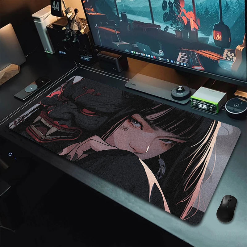 Anime Girls Samurai Oni Mask Mousepad Large Computer Gaming Accessories Mouse Pad Gamer Professional Premium Mouse Mat Desk Mat