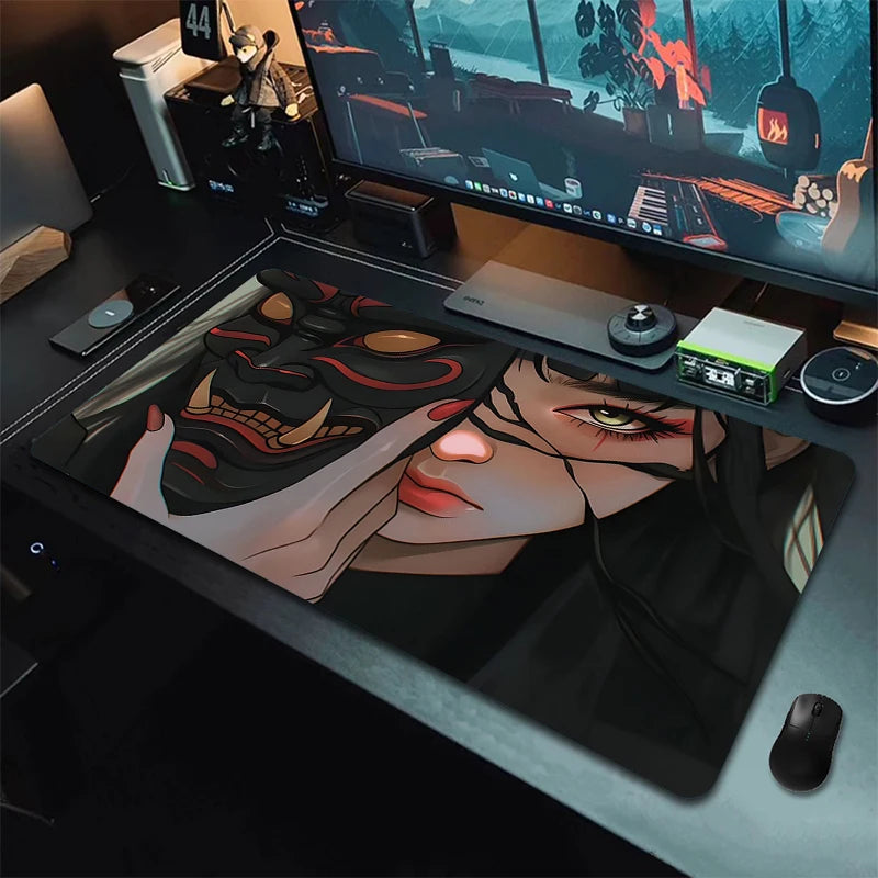 Anime Girls Samurai Oni Mask Mousepad Large Computer Gaming Accessories Mouse Pad Gamer Professional Premium Mouse Mat Desk Mat
