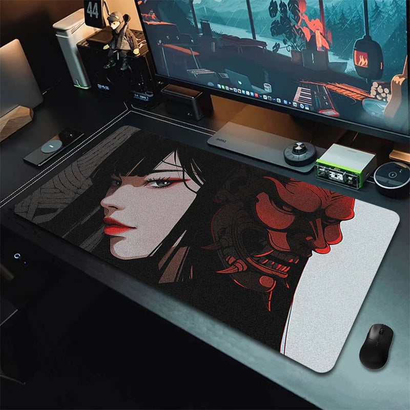 Anime Girls Samurai Oni Mask Mousepad Large Computer Gaming Accessories Mouse Pad Gamer Professional Premium Mouse Mat Desk Mat