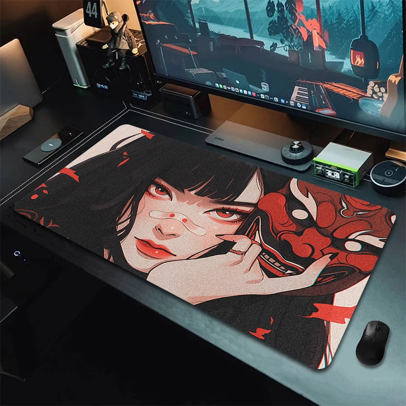 Anime Girls Samurai Oni Mask Mousepad Large Computer Gaming Accessories Mouse Pad Gamer Professional Premium Mouse Mat Desk Mat