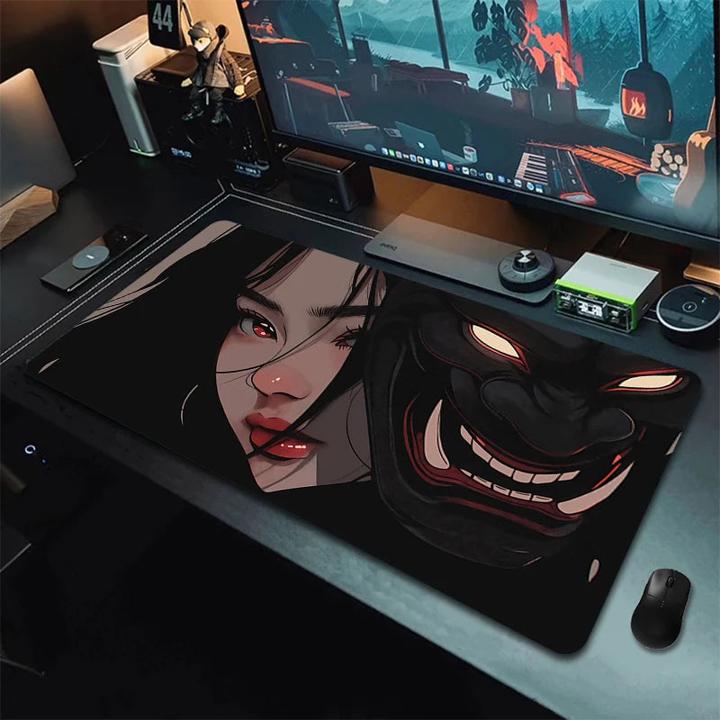 Anime Girls Samurai Oni Mask Mousepad Large Computer Gaming Accessories Mouse Pad Gamer Professional Premium Mouse Mat Desk Mat