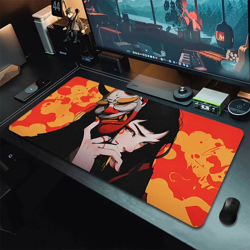 Anime Girls Samurai Oni Mask Mousepad Large Computer Gaming Accessories Mouse Pad Gamer Professional Premium Mouse Mat Desk Mat