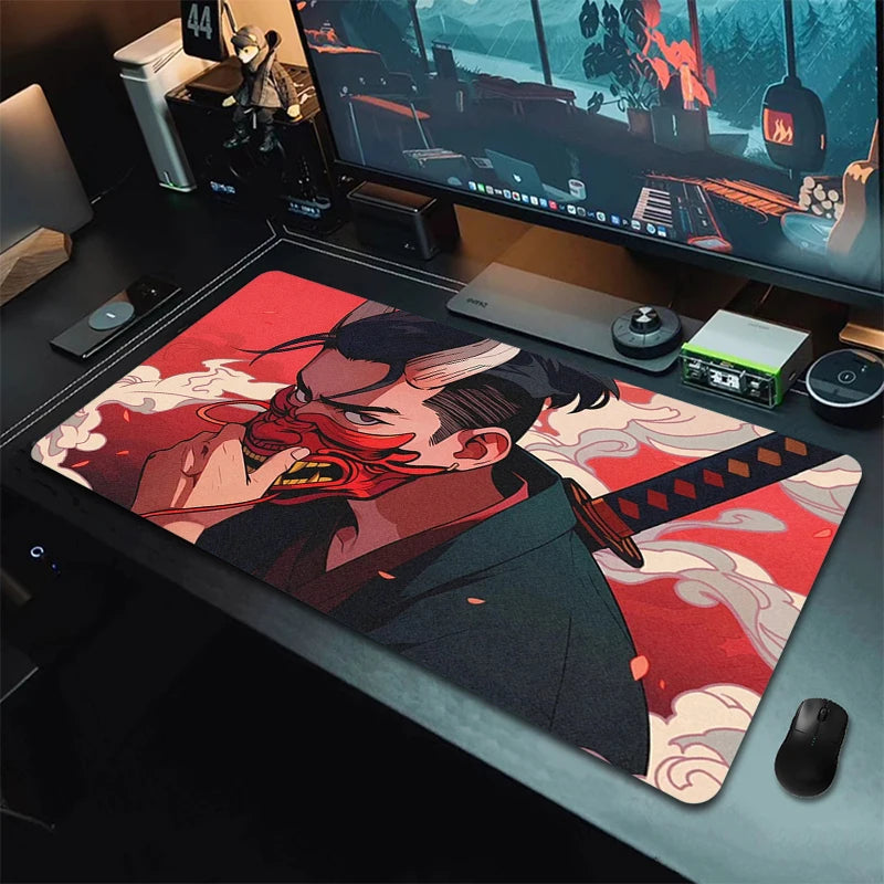 Anime Girls Samurai Oni Mask Mousepad Large Computer Gaming Accessories Mouse Pad Gamer Professional Premium Mouse Mat Desk Mat