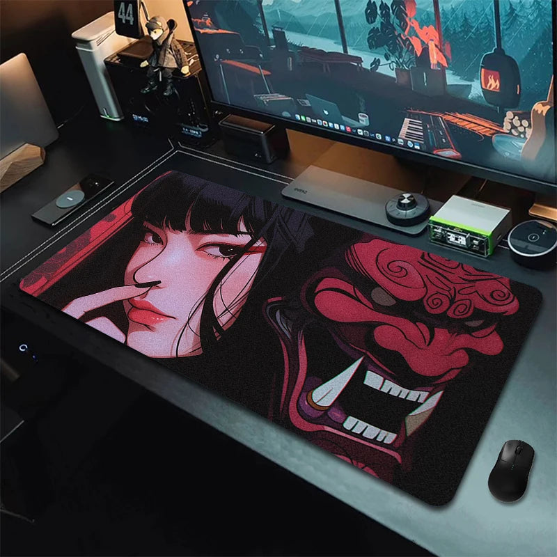 Anime Girls Samurai Oni Mask Mousepad Large Computer Gaming Accessories Mouse Pad Gamer Professional Premium Mouse Mat Desk Mat