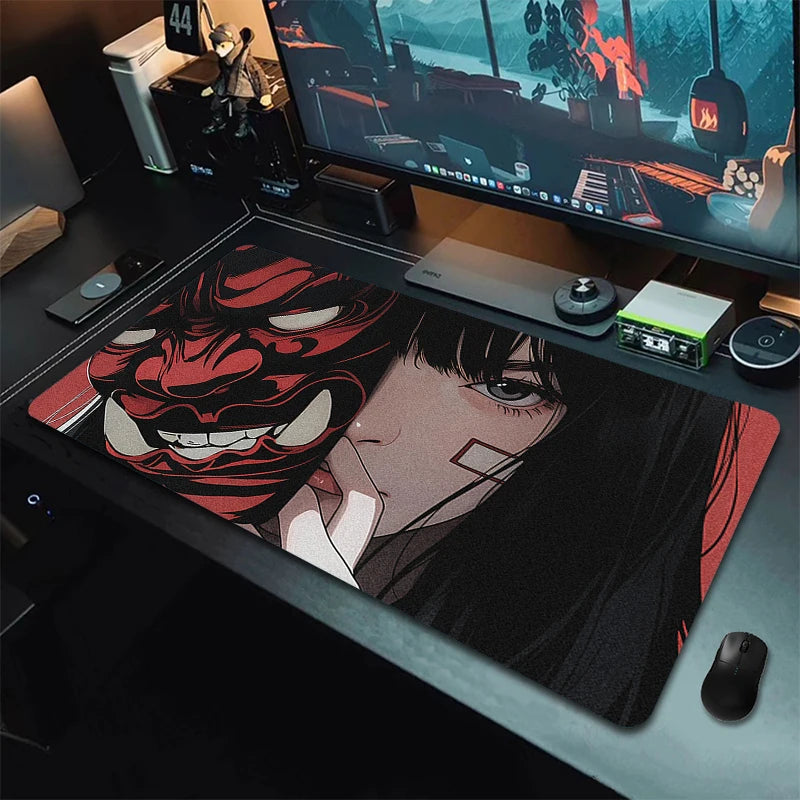 Anime Girls Samurai Oni Mask Mousepad Large Computer Gaming Accessories Mouse Pad Gamer Professional Premium Mouse Mat Desk Mat