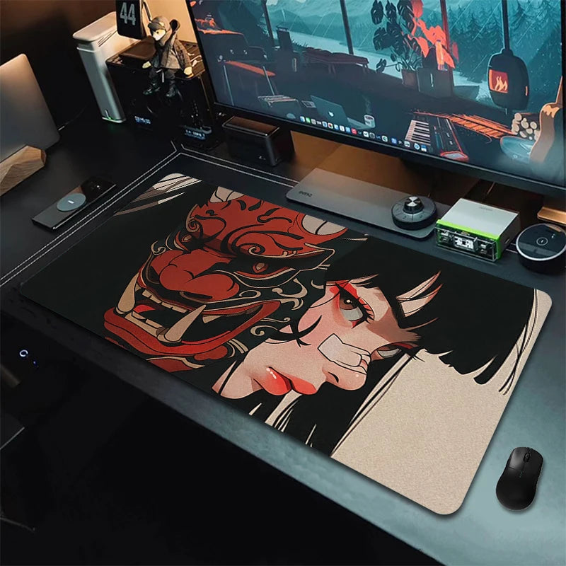 Anime Girls Samurai Oni Mask Mousepad Large Computer Gaming Accessories Mouse Pad Gamer Professional Premium Mouse Mat Desk Mat