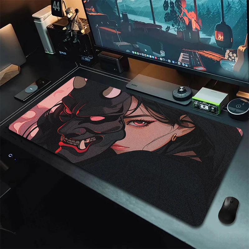 Anime Girls Samurai Oni Mask Mousepad Large Computer Gaming Accessories Mouse Pad Gamer Professional Premium Mouse Mat Desk Mat