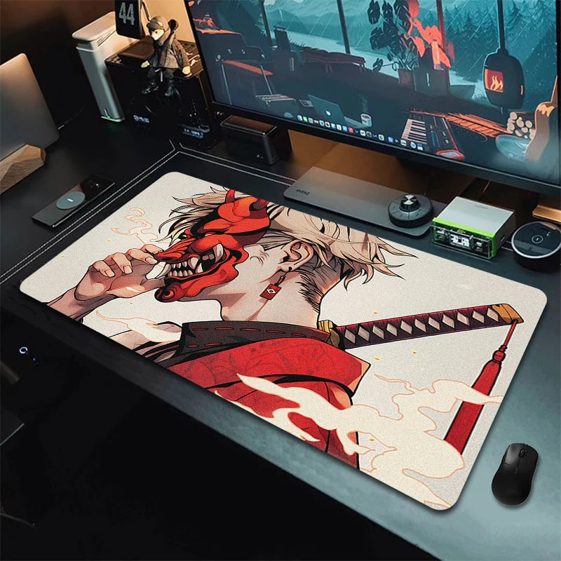 Anime Girls Samurai Oni Mask Mousepad Large Computer Gaming Accessories Mouse Pad Gamer Professional Premium Mouse Mat Desk Mat